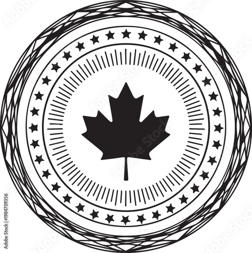 Black and white circular emblem featuring a canadian maple leaf, stars, and intricate border design