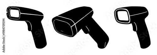 Inventory barcode scanner set with solid black icon on white background featuring barcode, scanner, inventory with black graphic and white background