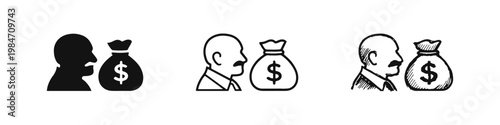 Wealthy Man and Money Bag Icon Set for Finance and Capitalism