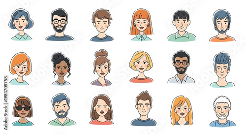 Diverse group of cartoon people portraits in a grid.