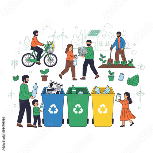 Eco-friendly lifestyle: people recycling, cycling, gardening, and using renewable energy
