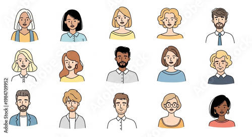 Diverse Group of People Illustrated Headshots Collection.