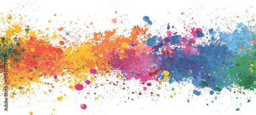 Vibrant colorful paint splatters white background. Multicolor paint splatters spreads horizontally across a light background.