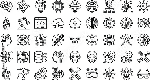 Artificial Intelligence and Technology Line Icon Set with AI, Machine Learning, Robotics, Data Networks, Automation, and Digital Innovation Symbols for Web and App Design