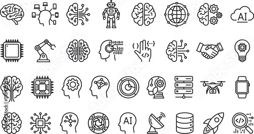 Artificial Intelligence and Technology Line Icon Set with AI, Machine Learning, Robotics, Data Processing, Neural Networks, and Digital Innovation Symbols for Web and App Design