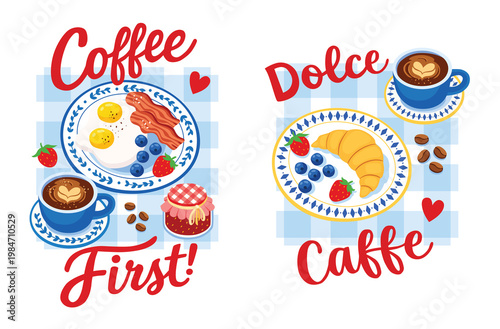 Breakfast posters with coffee, strawberry jam, eggs, bacon, blue berries, croissant, plates, cups. Kitchen cup, plate, dishes. Best for summer t-shirt prints, posters, stickers, decoration, decor, des