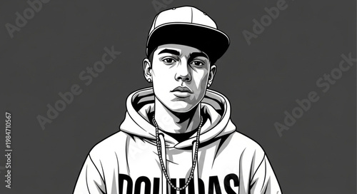 Young man wearing hoodie and baseball cap portrait.