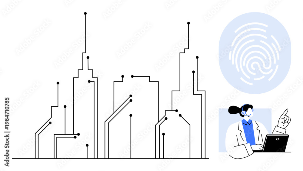 Naklejka premium Smart cities, digital transformation, biometric authentication, cybersecurity, innovation, data analysis. Minimalist city skyline with circuits, fingerprint icon professional pointing at data. Smart