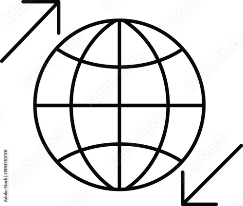 Art & Illustration, Minimalist globe with syncing arrows outline vector. Perfect for network reset, worldwide updates, and browser UI designs.