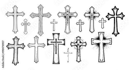 Crosses hand drawn set with black and white illustrations and various designs and textures. featuring cross, christianity, religion with symbol and