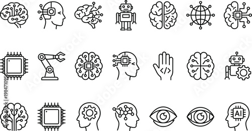 Artificial Intelligence and Technology Line Icon Set with AI Brain, Machine Learning, Robotics, Neural Networks, Automation, and Digital Innovation Symbols for Web and App Design