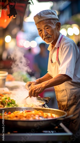 Elderly chef stirs food in a large pan, steam rising; vibrant bokeh background