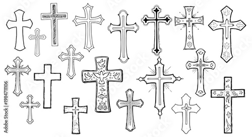 Crosses hand drawn set with various shapes and designs, including ornate and simple styles featuring cross, christian, symbol with faith and religion