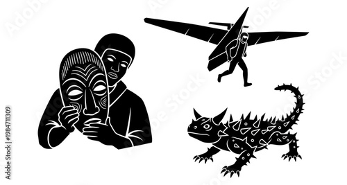 Person holding tribal mask with hang glider and thorny devil lizard silhouette