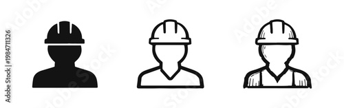 Technician and repairman icon set, industrial worker with hard hat symbol