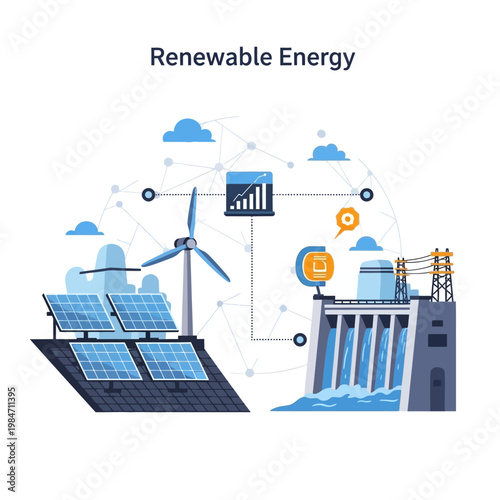 Renewable Energy Sources: Solar Panels, Wind Turbine, and Hydroelectric Dam