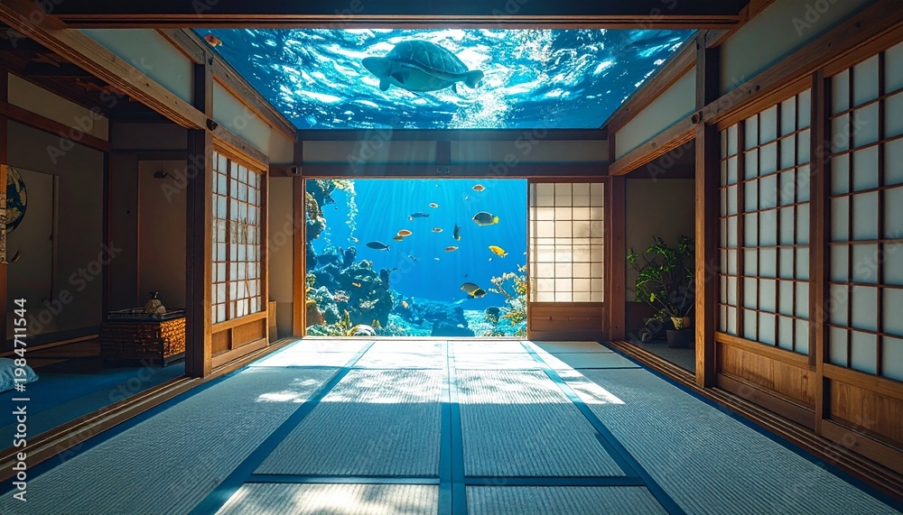 Fototapeta premium 天井が海になり魚が泳ぐ和室の超現実的な空間