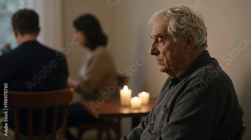 Elderly Man Reflects in a Quiet Room with Candlelight and Emotion