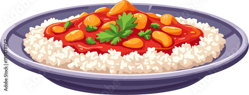 Delicious curry with rice and vegetables, colorful food illustration of traditional spicy dish, homemade meal and Asian cuisine concept