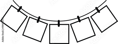 Black and white illustration of blank photo cards hanging on a line with clips