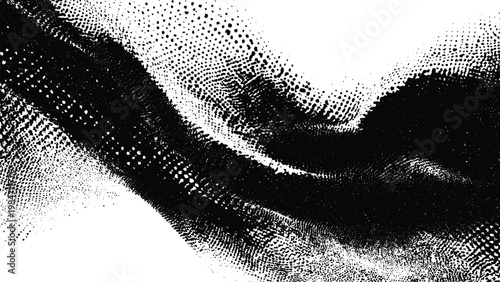 Monochromatic halftone wave pattern with gradient effect and varying dot density transitions smoothly