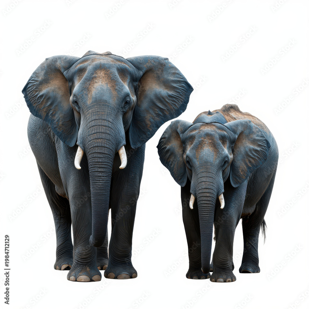 Fototapeta premium Two Elephants Standing Side by Side Against White Background