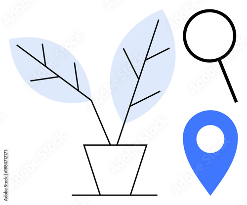 Sustainability, navigation, growth, analysis, location services, eco-friendly solutions. Potted plant, magnifying glass and map pin design in modern style. Growth and navigation