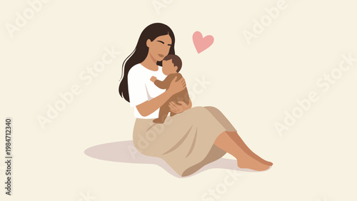 A illustration of a mother cradling her newborn baby with love and care, conveying a sense of warmth and nurturing, ideal for themes related to parenting, family, and love.