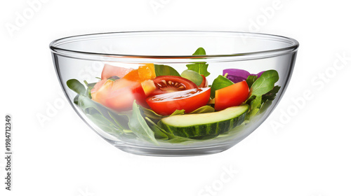 A clear glass bowl filled with a fresh salad on transparent background