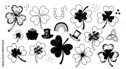 Clover set with black and white illustrations of shamrocks, pot of gold, rainbow, and Irish hat featuring shamrock, St. Patrick's Day, luck with good