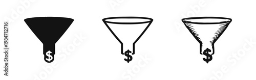 Marketing Funnel and Revenue Icon Set with Dollar Symbol in Solid Outline and Doodle Styles