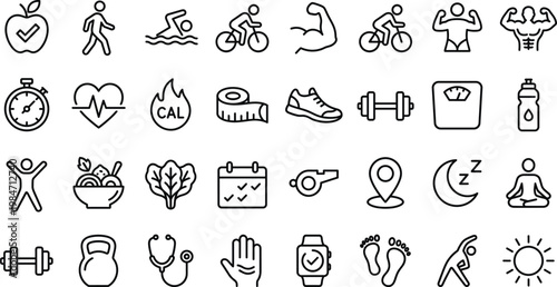 Fitness and Healthy Lifestyle Line Icon Set with Exercise, Workout, Nutrition, Wellness, Sports, Activity, and Health Tracking Symbols for Web and App Design