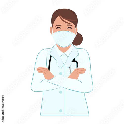 Friendly female doctor or nurse in a protective face mask with arms crossed, isolated on white background. Vector illustration.