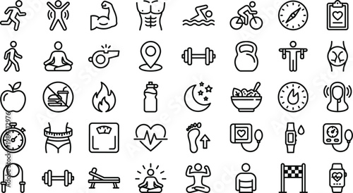 Fitness and Health Line Icon Set with Workout, Exercise, Nutrition, Body Measurement, Activity Tracking, and Wellness Lifestyle Symbols for Web and App Design