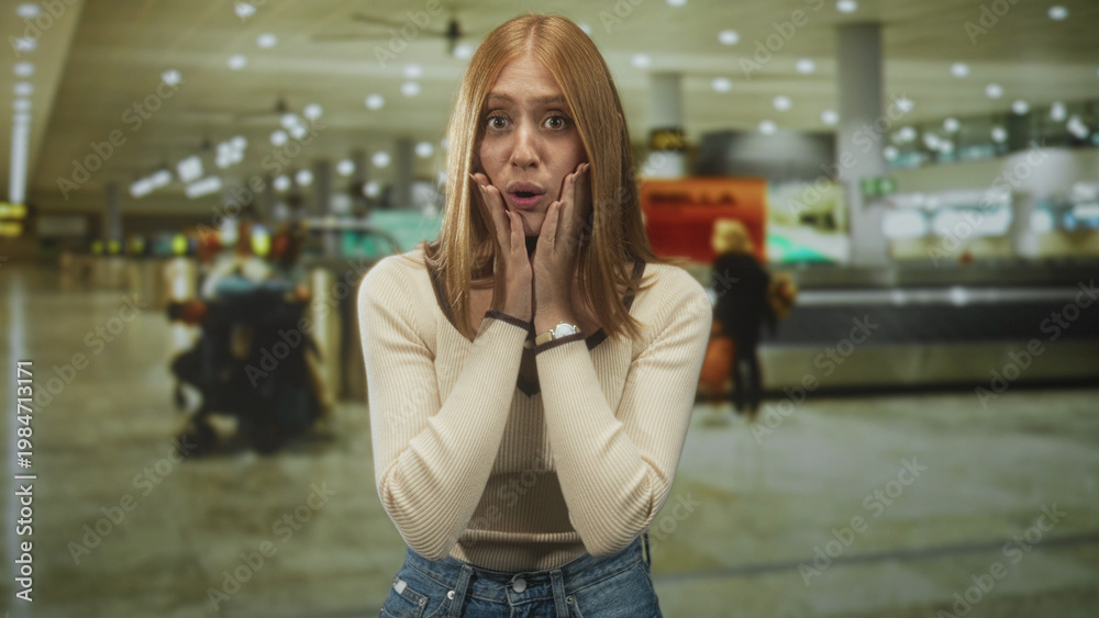 Fototapeta premium Woman with hands clasped at airport baggage claim, smiling broadly with eyes open and hands held at chest in a thankful gesture; joy anticipation.
