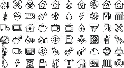 Energy and Home Systems Line Icon Set with Heating, Cooling, Electricity, Plumbing, Renewable Energy, and Maintenance Symbols for Web and App Design