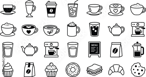 Coffee and Cafe Line Icon Set with Beverages, Espresso, Latte, Tea, Desserts, Bakery, and Coffee Shop Symbols for Web and App Design