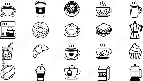 Coffee and Beverage Line Icon Set with Cups, Espresso, Latte, Tea, Desserts, Cafe Drinks, and Coffee Equipment Symbols for Web and App Design