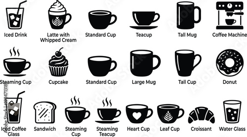 Coffee and Cafe Line Icon Set with Cups, Espresso, Latte, Desserts, Beverages, and Coffee Machine Symbols for Food and Drink Design