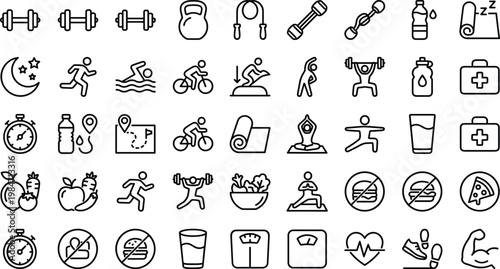 Fitness and Healthy Lifestyle Line Icon Set with Exercise, Workout, Sports, Nutrition, Wellness, and Activity Tracking Symbols for Web and App Design
