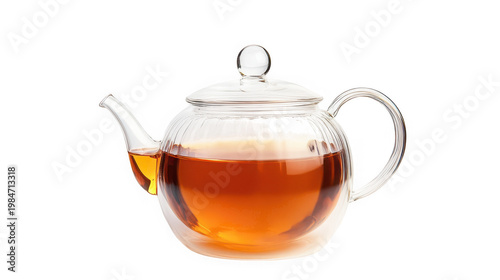 A glass teapot filled with tea on transparent background