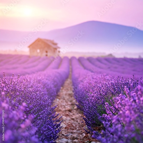 Lavender field leads to a small cottage at sunset, with a mountain in the background