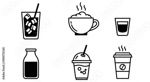 collection of six diverse beverage icons including iced coffee soda bottle and takeaway cup on white background vector