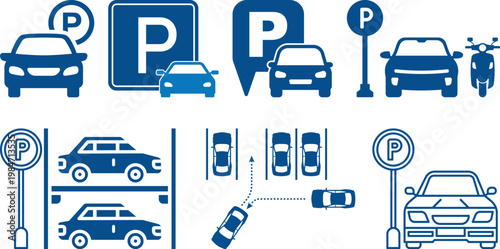 Parking icon set with cars, parking signs, maps and vehicles in flat blue and gray style isolated on white background, perfect for navigation apps, transport and urban design projects.