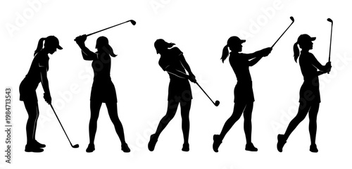 Woman golfer silhouette set with golf club and swing pose