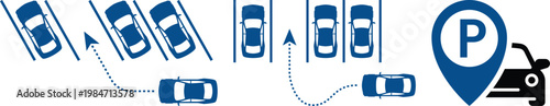 Parking icon set with cars, parking signs, maps and vehicles in flat blue and gray style isolated on white background, perfect for navigation apps, transport and urban design projects.
