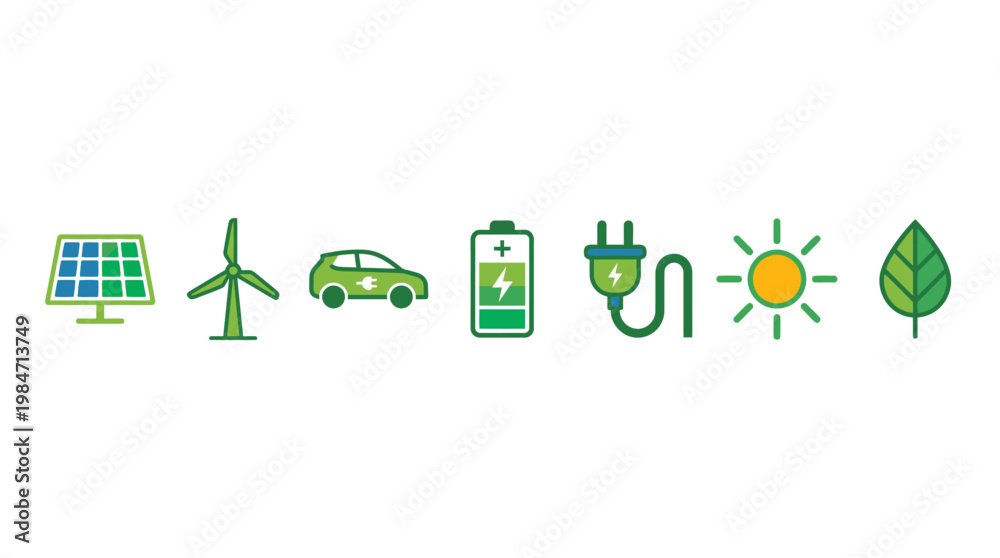 Fototapeta premium Eco friendly icons show solar panel, wind turbine, electric car, battery, plug and leaf on white background.
