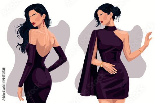 Fashion Illustration Set of Elegant Woman in Stylish Dark Purple Evening Dresses: Back View with Long Gloves and Front View Mini Dress with One Shoulder Cape and Gold Jewelry, Flat Vector Design