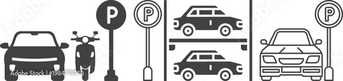 Parking icon set with cars, parking signs, maps and vehicles in flat blue and gray style isolated on white background, perfect for navigation apps, transport and urban design projects.