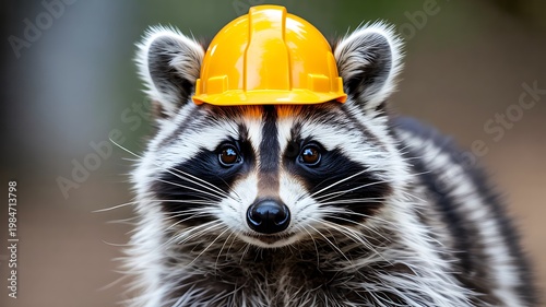 Raccoon wearing safety helmet for construction and animal safety concept
